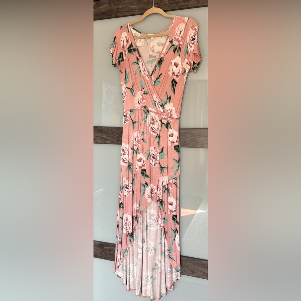 Pink Floral High Low Dress - Soft Casual Brunch Baby Shower